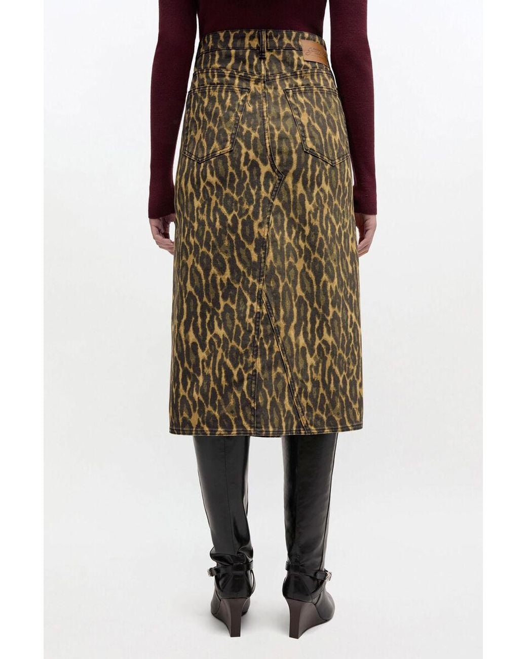 Ganni Green Leopard Print Denim Midi Skirt