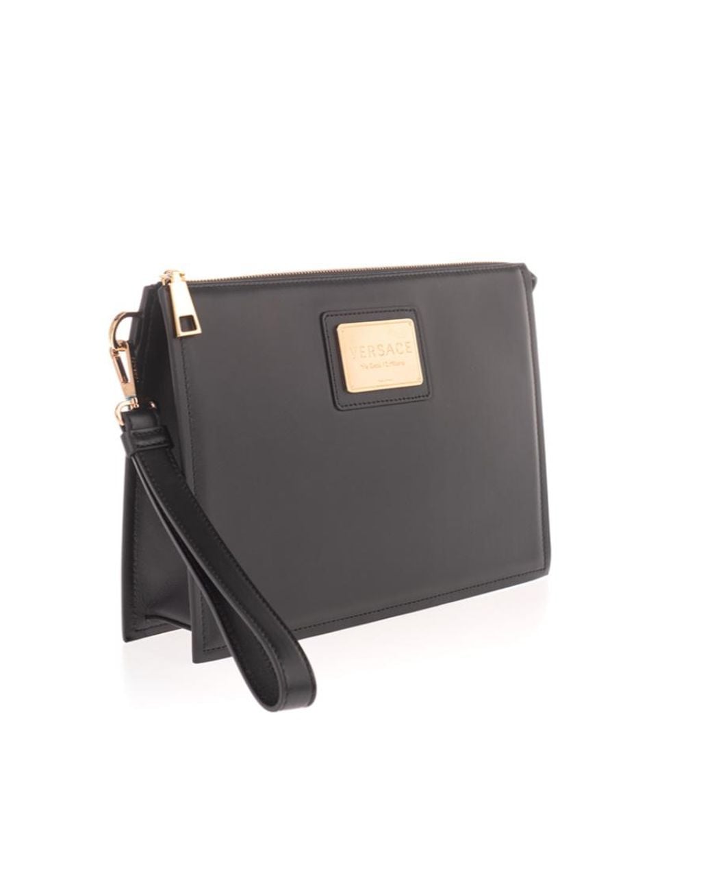 Versace Black Metal Logo Zipper Handbag for men