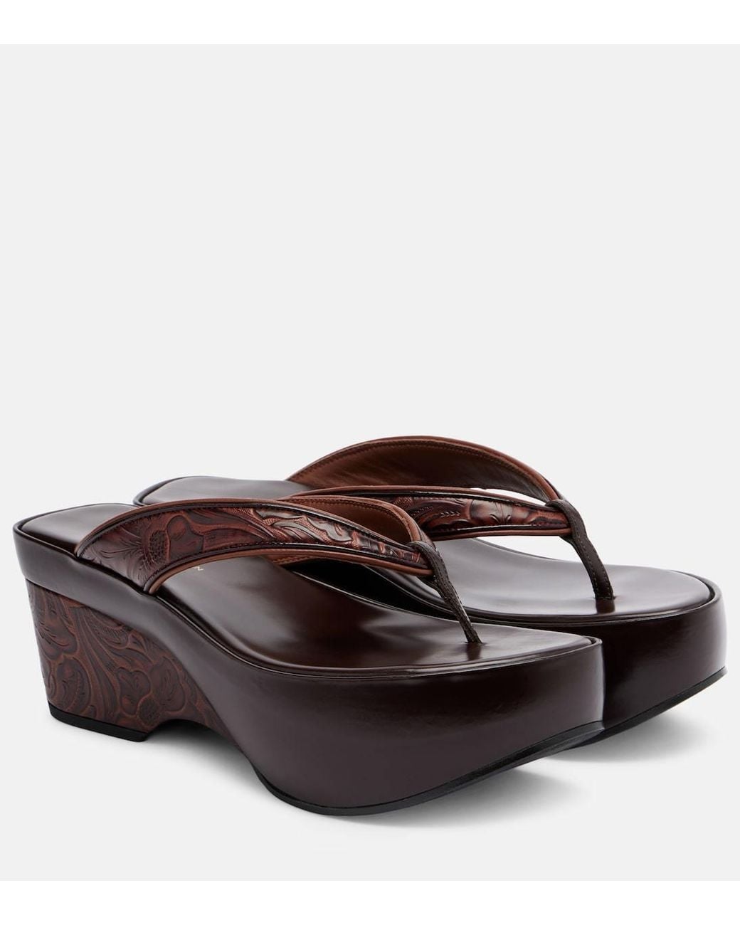 Dries Van Noten Brown Embossed Leather Platform Flip-Flops