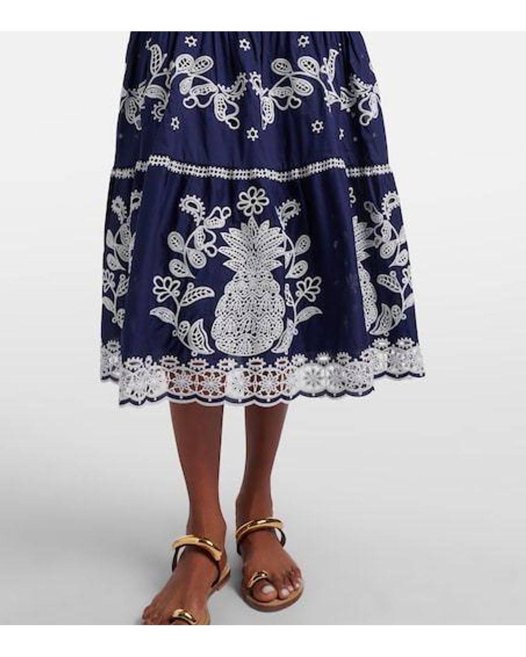 Farm Rio Blue Embroidered Cotton Midi Dress