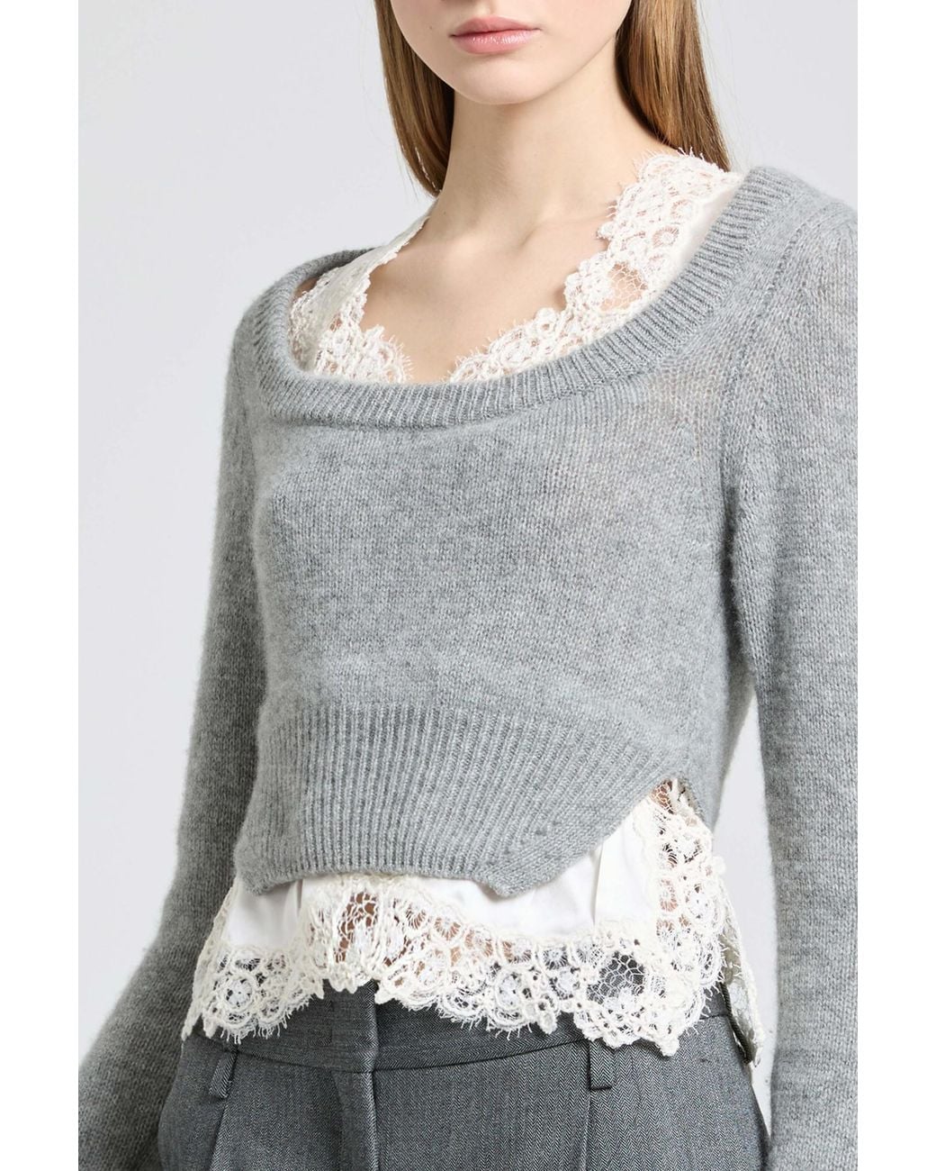 Ermanno Scervino Gray Lace-Trim Layered Knit