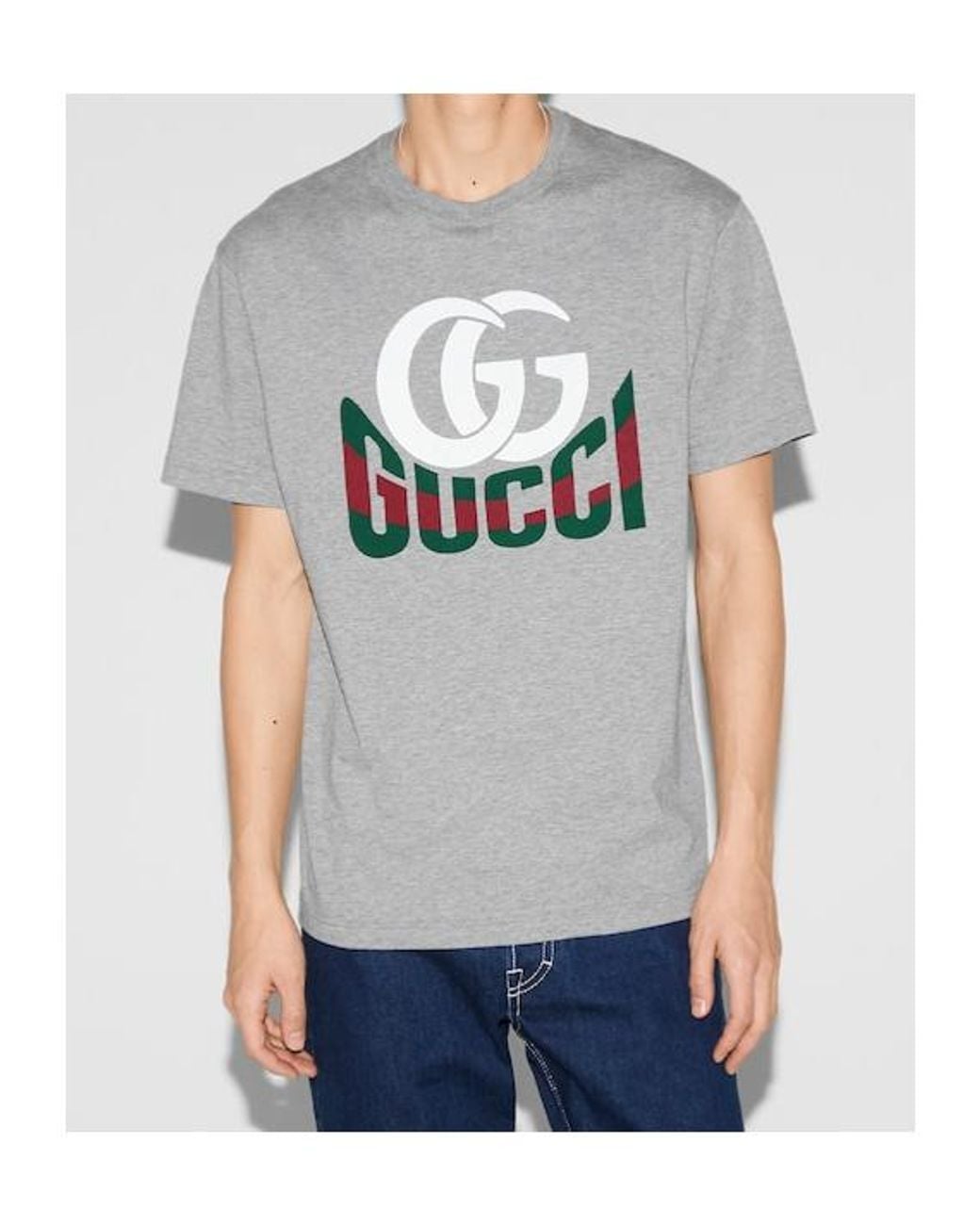Gucci Gray Crewneck T-Shirt With Maxi Logo Print On The Front for men