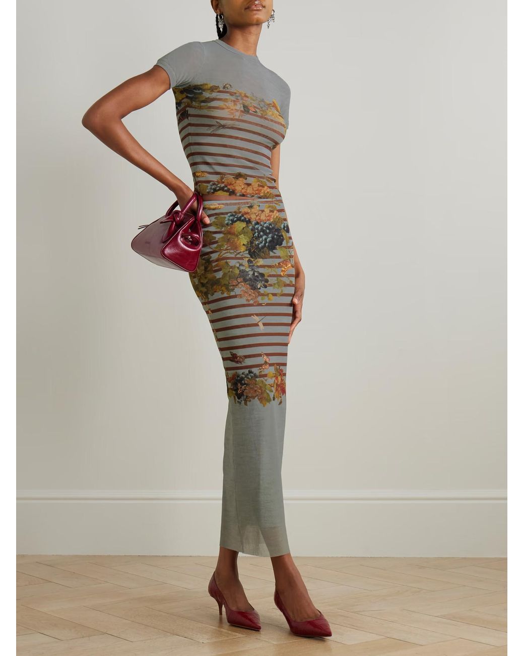 Jean Paul Gaultier Gray Striped Floral-Print T-Shirt