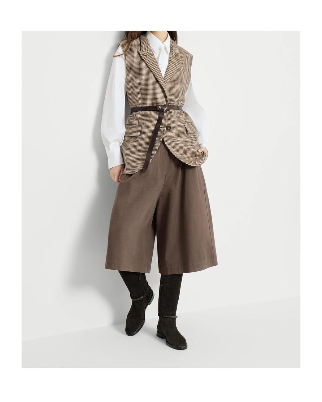 Brunello Cucinelli Brown Couture Cotton Gabardine Long Bermuda Shorts With Monili