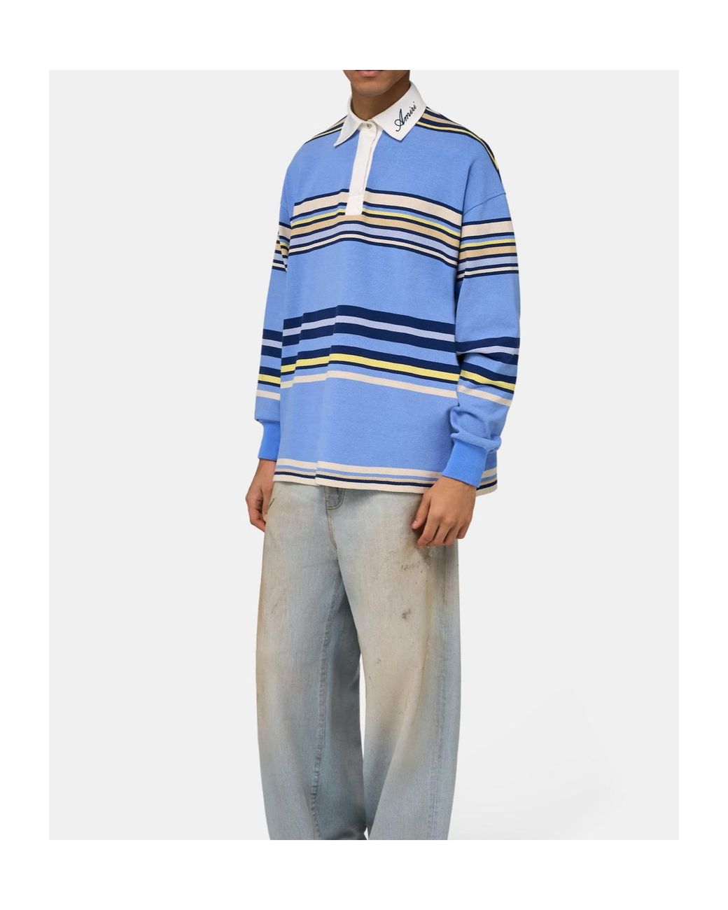 Amiri Blue Striped Oversized Long Sleeve Polo Shirt for men