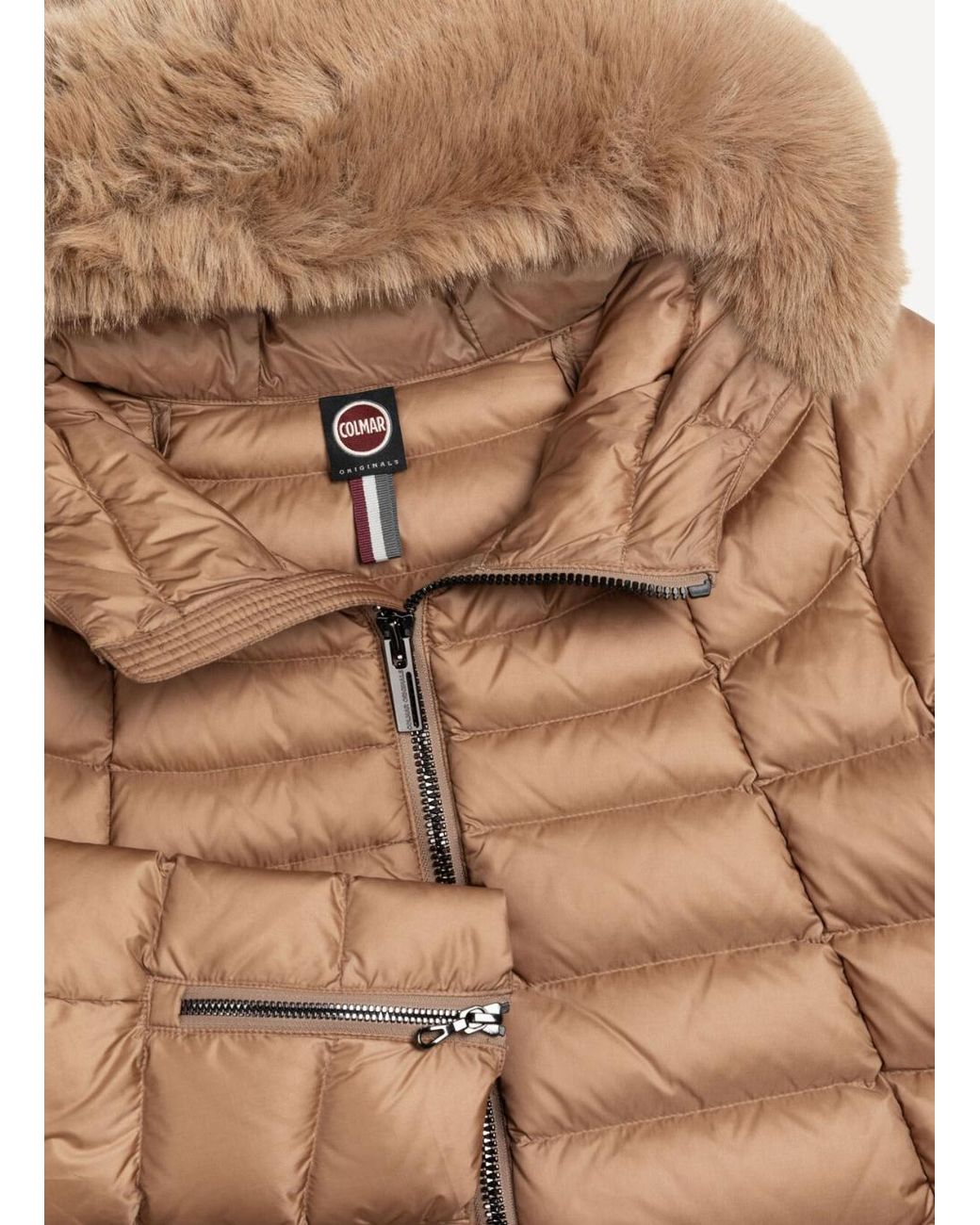 Colmar Brown Quilted Hooded Fur Trim Coat