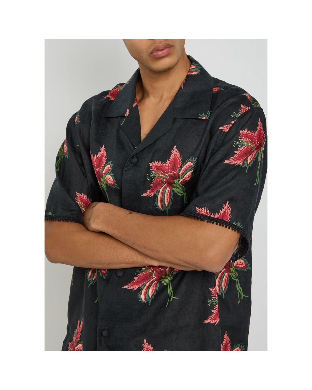 Valentino Black Floral-Print Linen Shirt for men