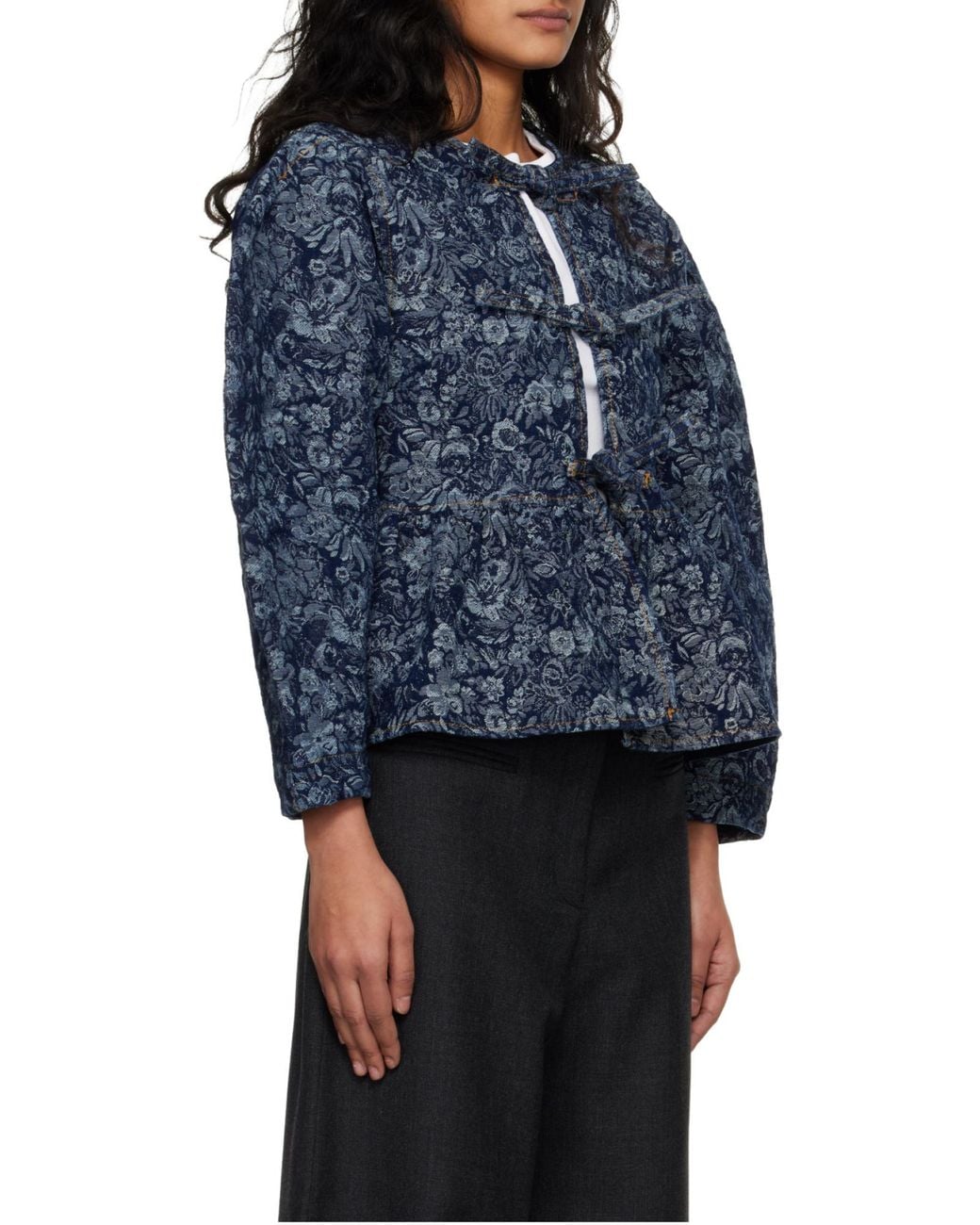 Ganni Blue Floral-Pattern Denim Blouse