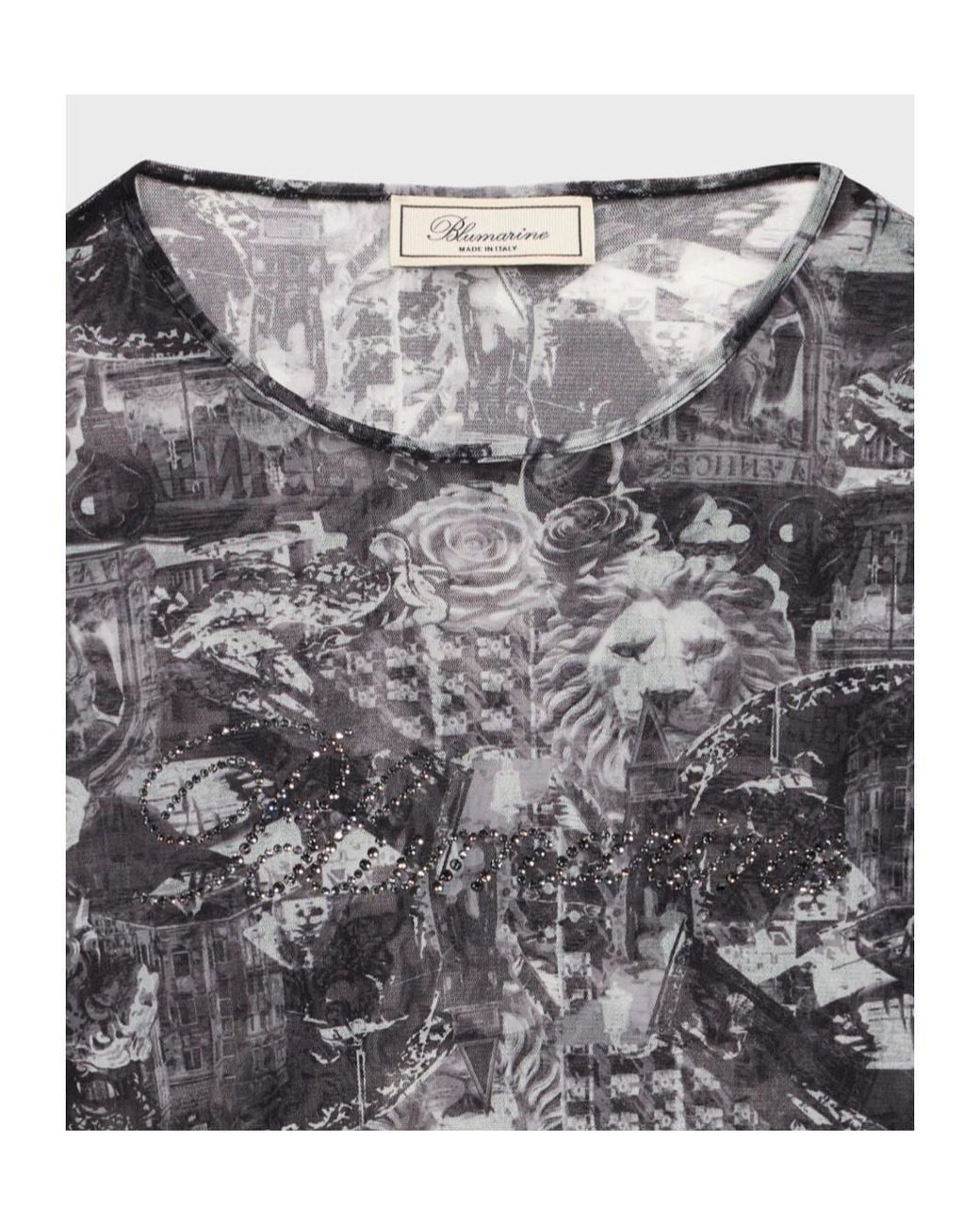 Blumarine Gray Printed Rhinestone Logo Top