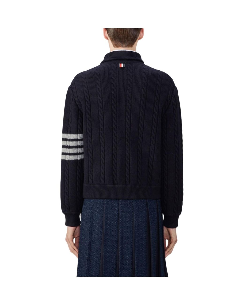 Thom Browne Blue Bar Stripe Cable-Knit Bomber Jacket for men