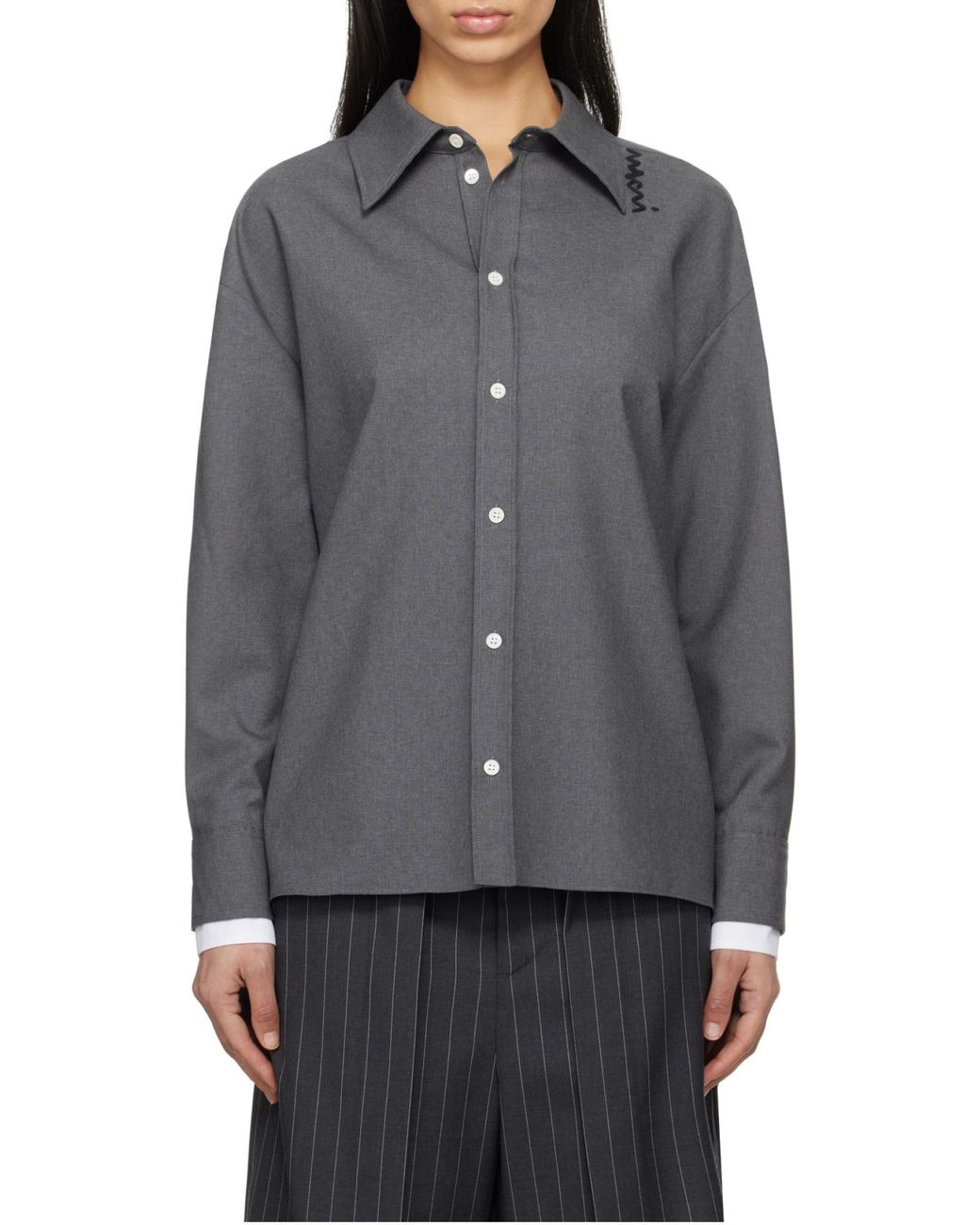 Marni Gray Logo Embroidered High-Low Hem Shirt