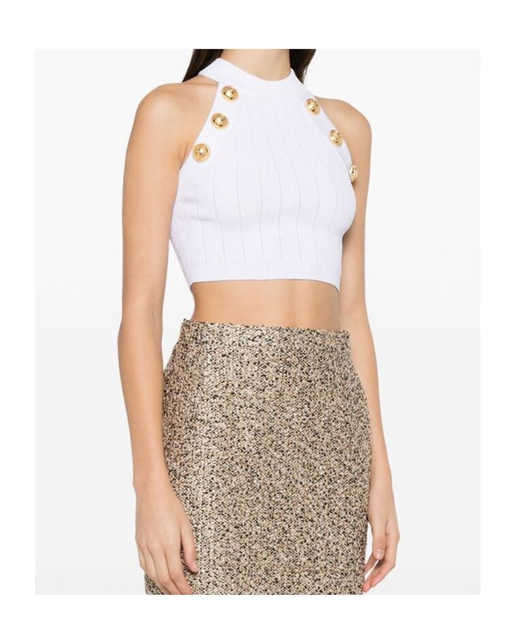 Balmain White Halterneck Knit Cropped Top
