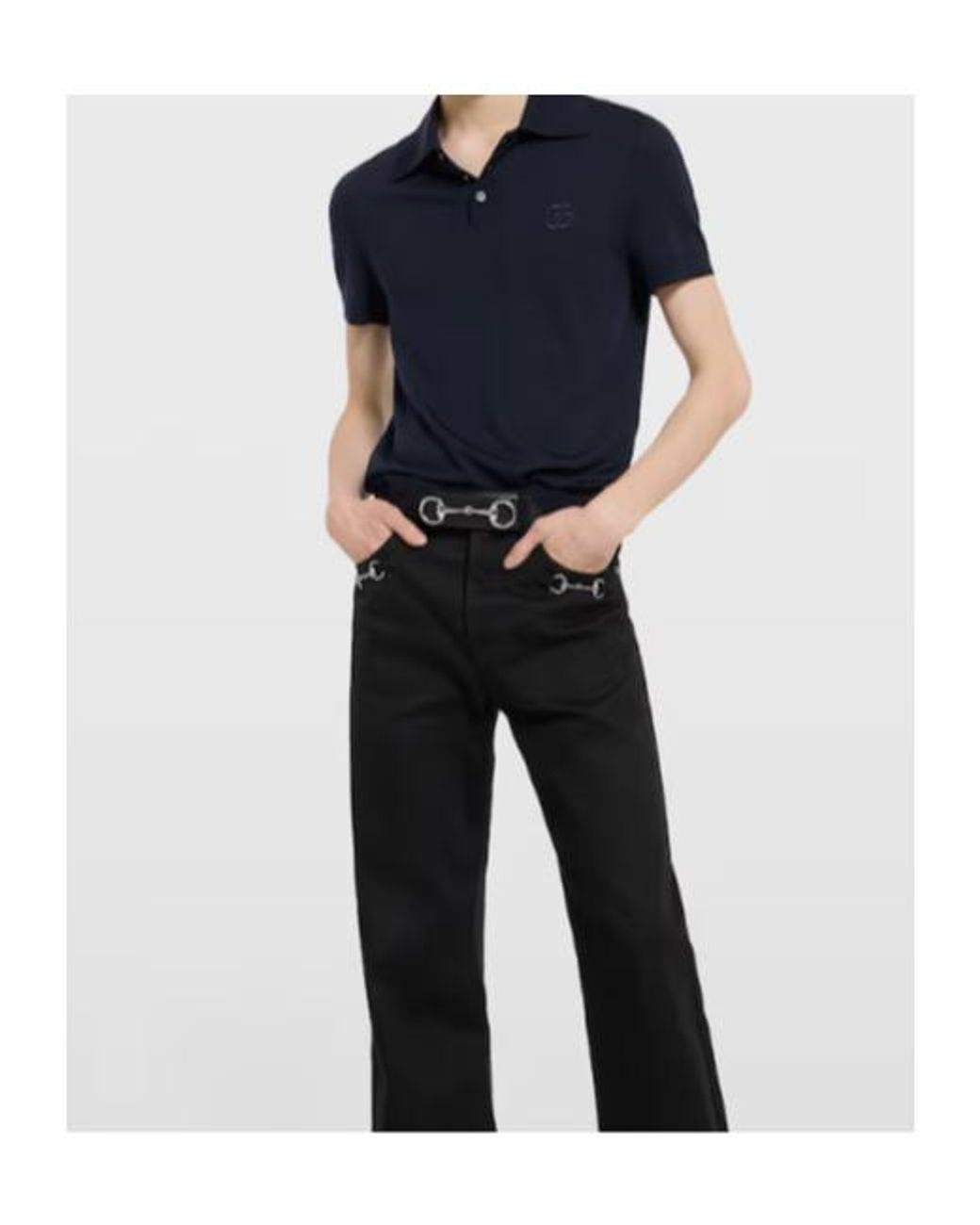 Gucci Blue Logo Embroidered Knit Polo Shirt for men