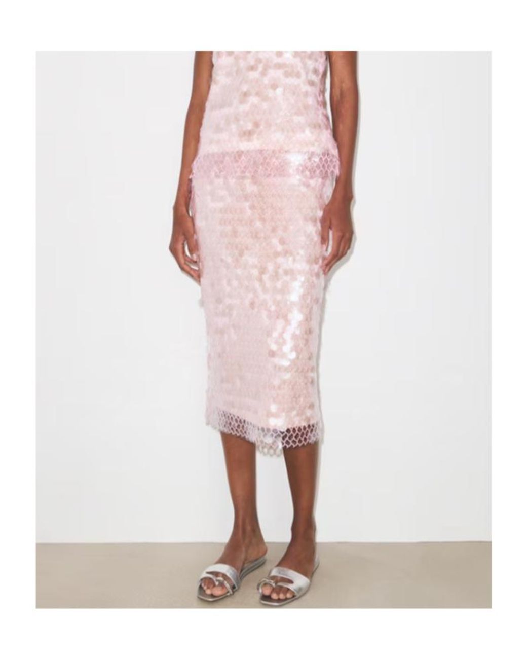 Tory Burch Pink Sequin Embellished Mesh Midi Skirt