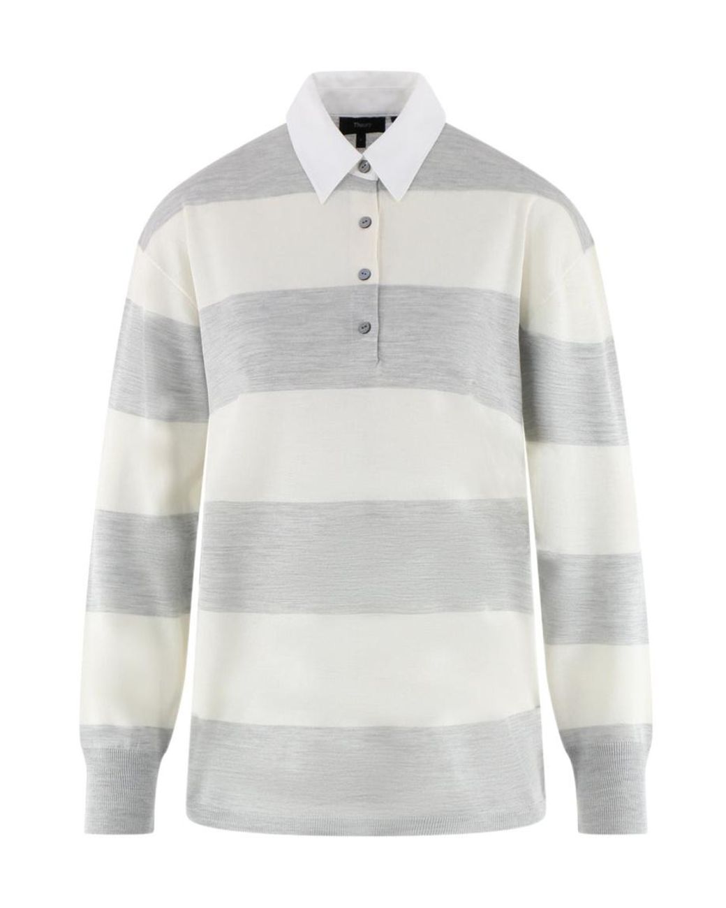 Theory White Long Sleeved Striped Polo Top