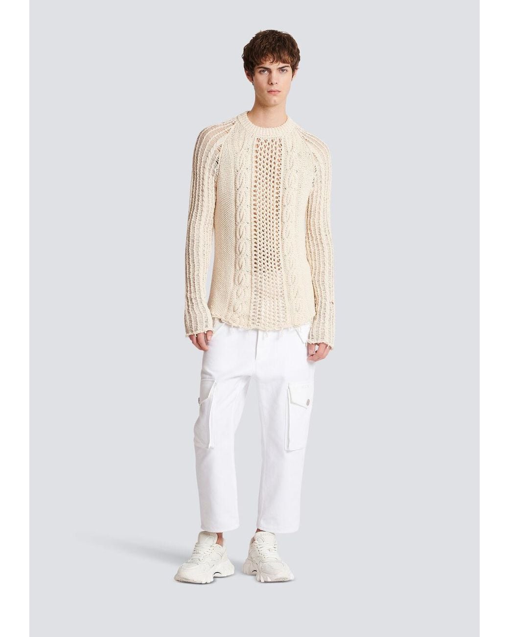Balmain White Distressed Cable-Knit Jumper for men