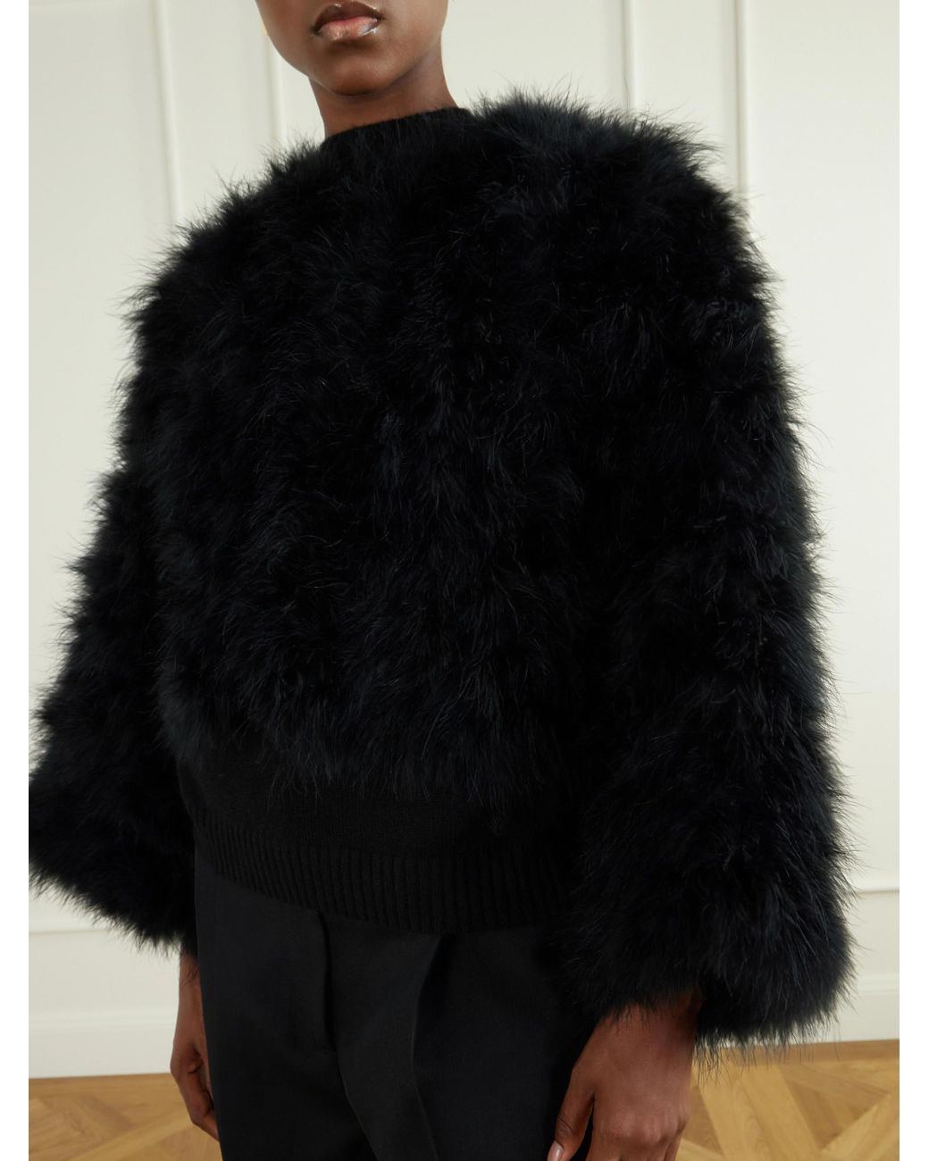 Yves Salomon Black Cropped Feather-Trimmed Satin Cape