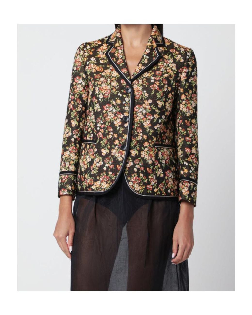 Dries Van Noten Black Floral Print Piped Blazer