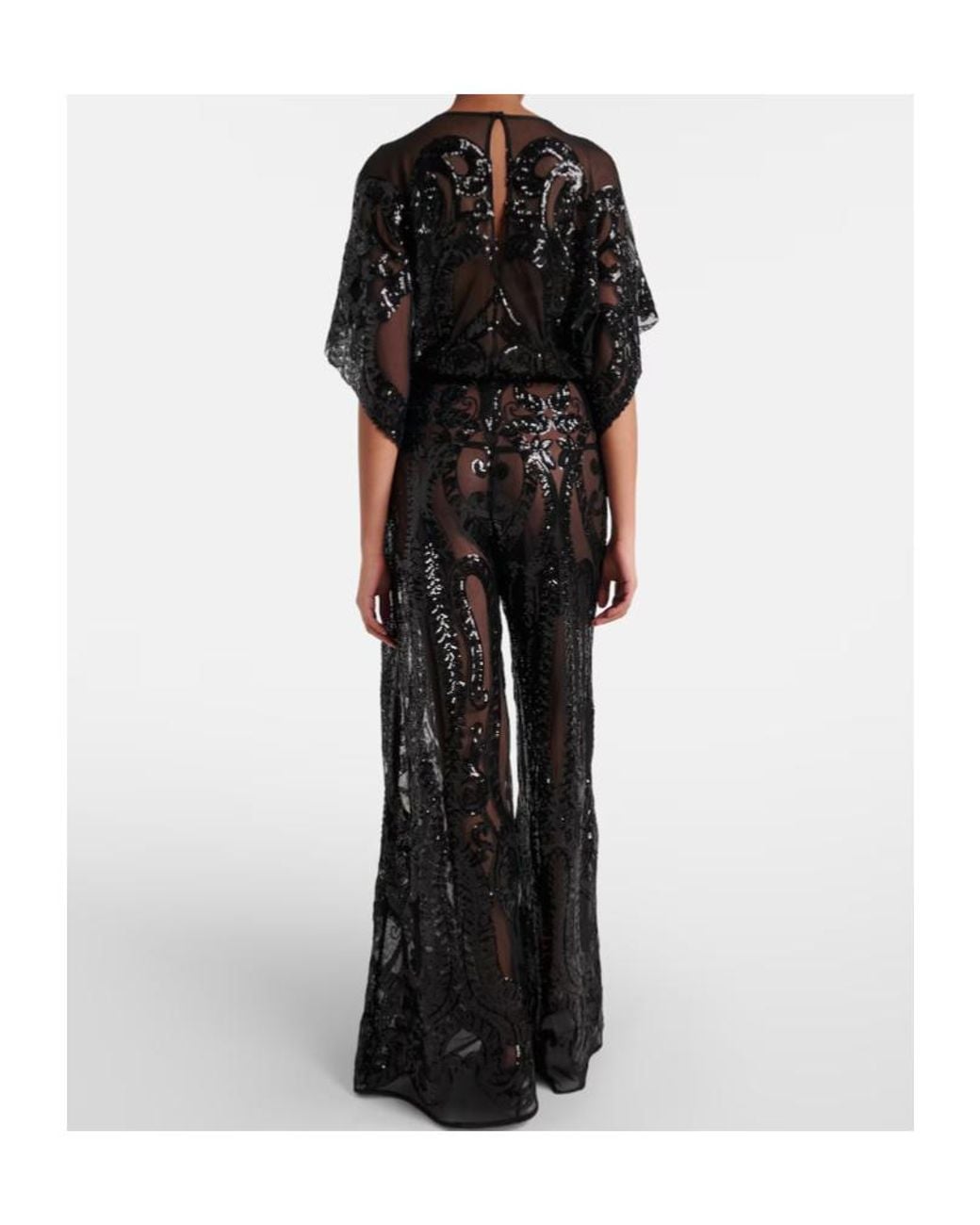 Norma Kamali Black Obie Sequined Semi-Sheer Mesh Jumpsuit