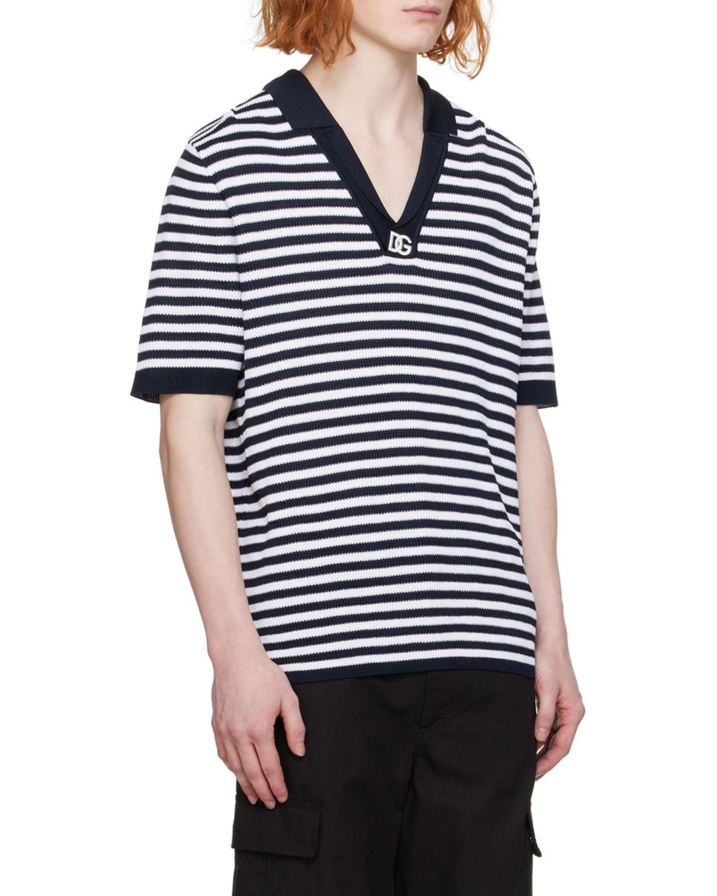 Dolce & Gabbana Blue Dg Logo Embroidered Striped V-Neck Polo Shirt for men