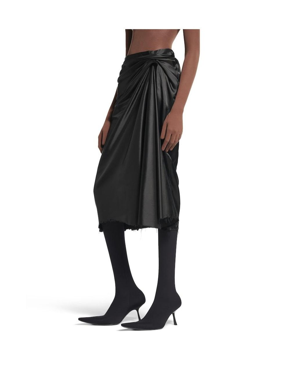 Balenciaga Black Satin Gathered Midi Skirt