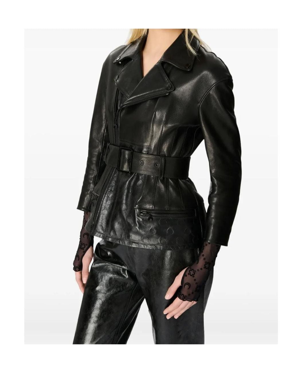 MARINE SERRE Black Adjustable Belt Leather Jacket