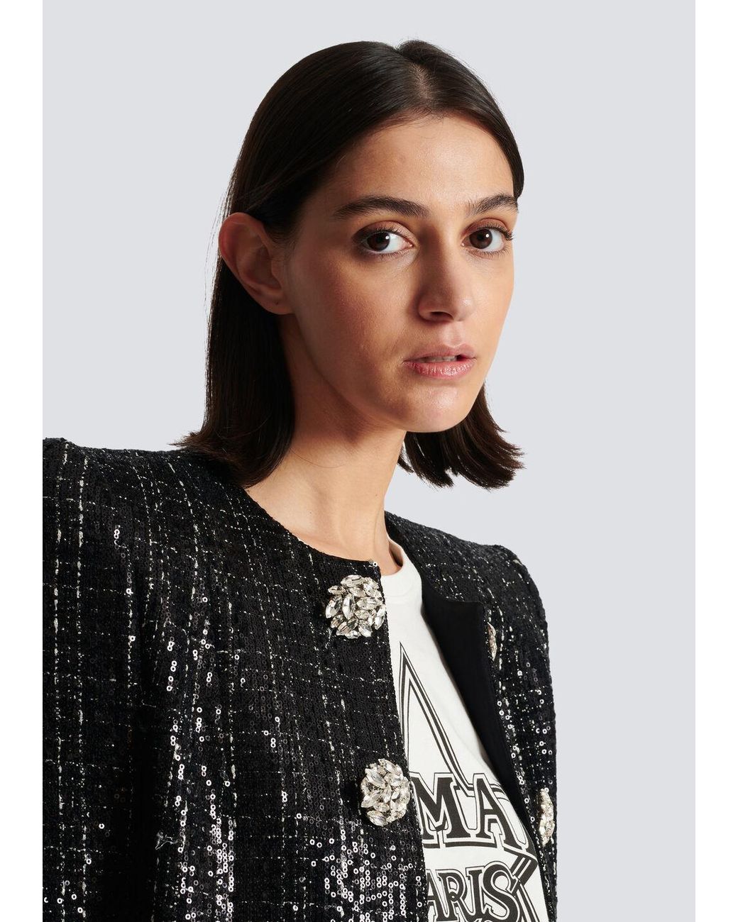 Balmain Black Tweed Sequin Embellished Jacket
