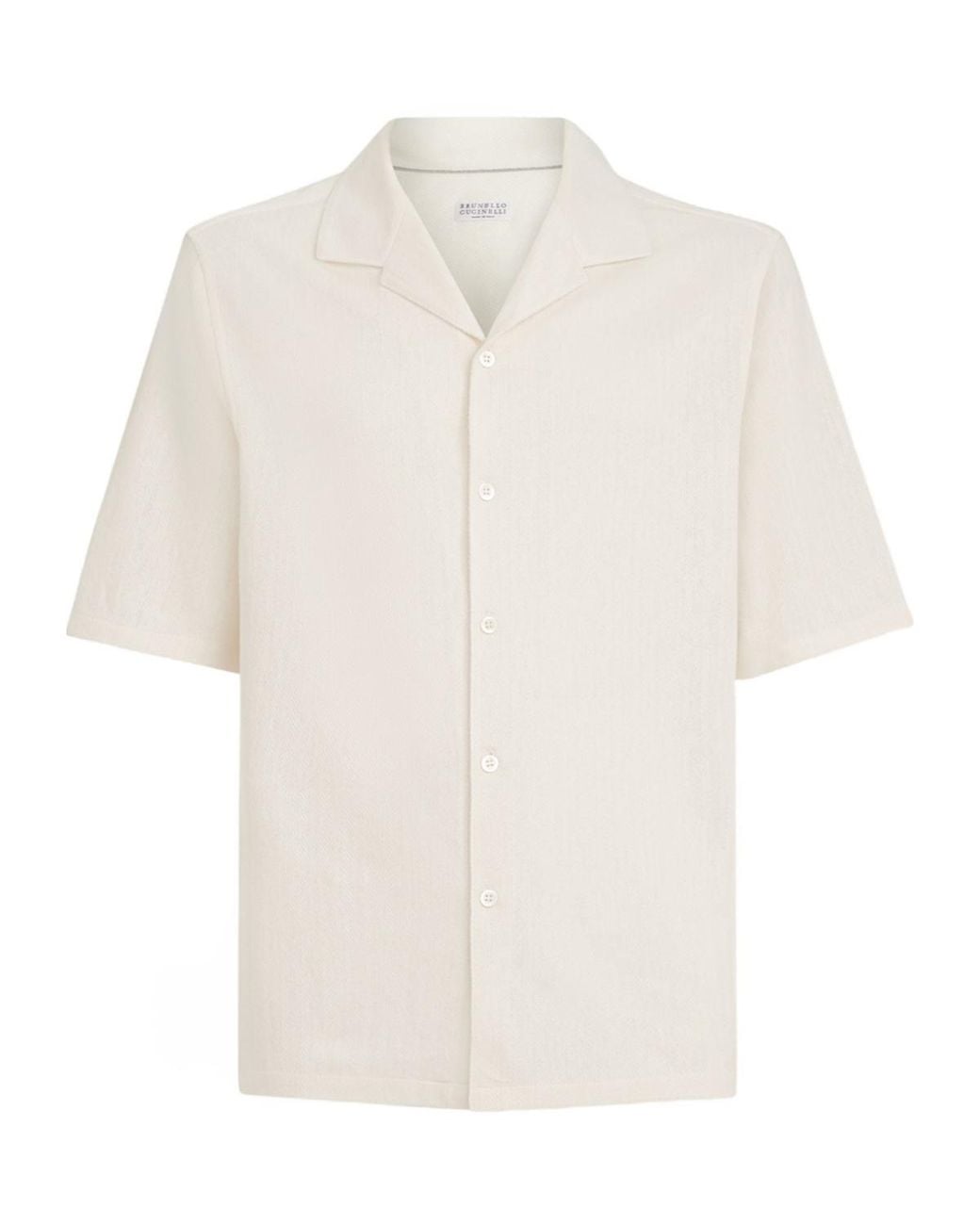 Brunello Cucinelli White Linen And Cotton Chevron Jersey Short Sleeve Shirt With Camp Collar for men