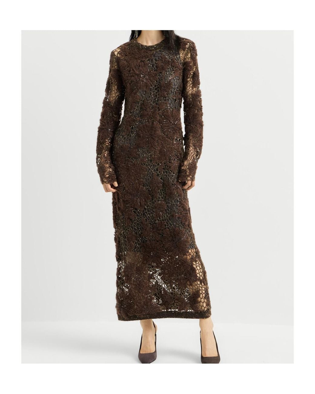 Brunello Cucinelli Brown Whispering Bloom Embroidery Knit Dress
