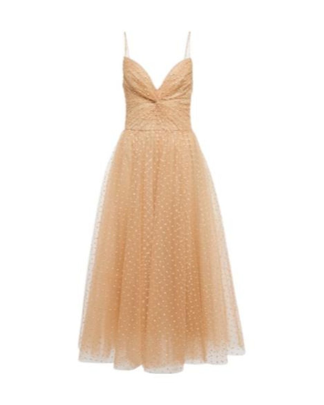 Monique Lhuillier Natural Dotted Tulle Midi Dress
