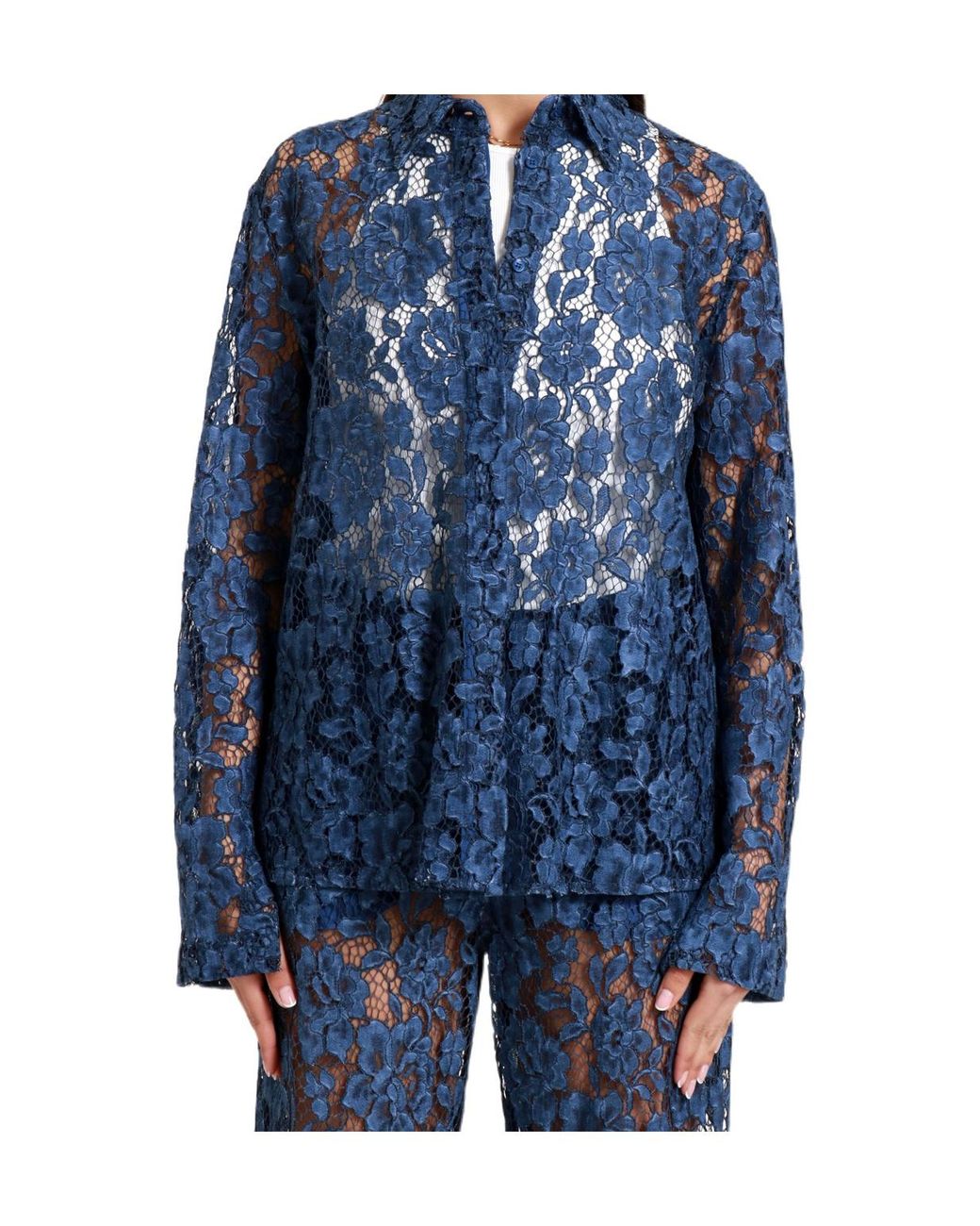 FEDERICA TOSI Blue Sheer Floral Lace Shirt