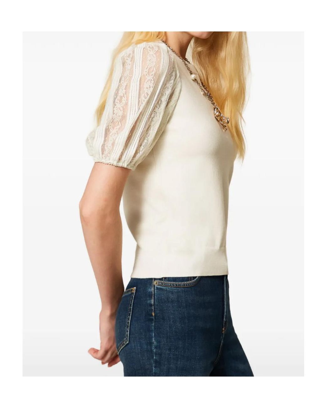 Twinset White Lace-Sleeve Top