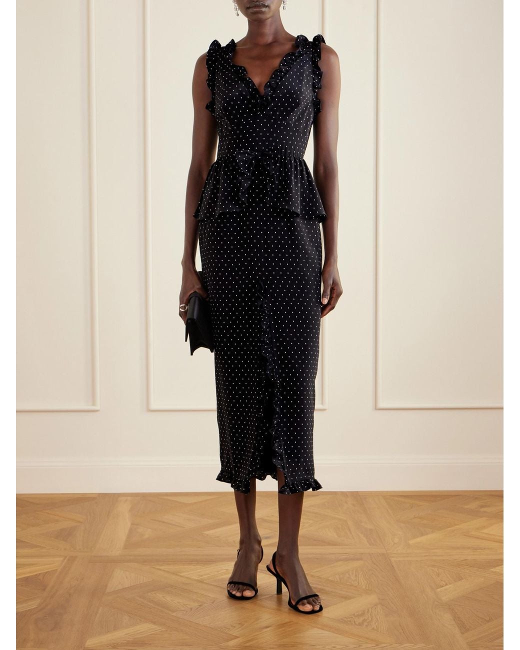 Alessandra Rich Black Polka-Dot Silk Midi Dress
