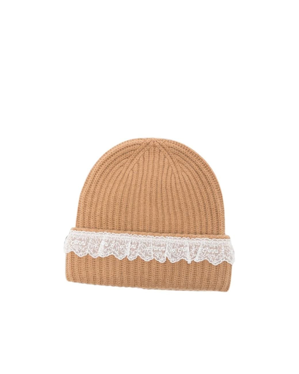 Ganni Natural Tigers Eye Lace Trim Beanie Hat