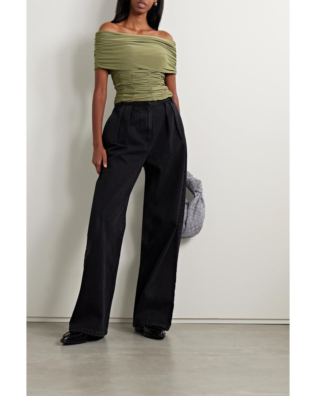 Tibi Green Convertible Off-The-Shoulder Ruched Jersey Top
