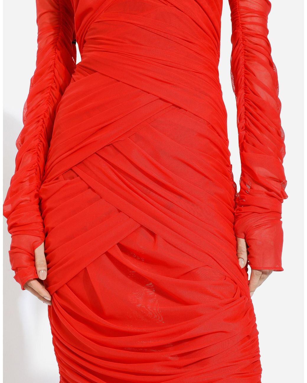Dolce & Gabbana Red Tulle Draped Long-Sleeved Midi Dress