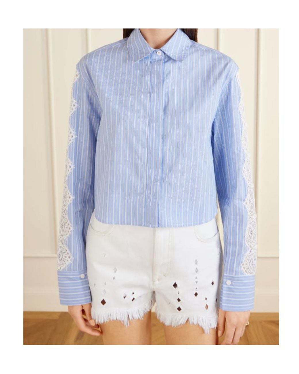 Jonathan Simkhai Blue Renata Lace-Trimmed Cropped Shirt