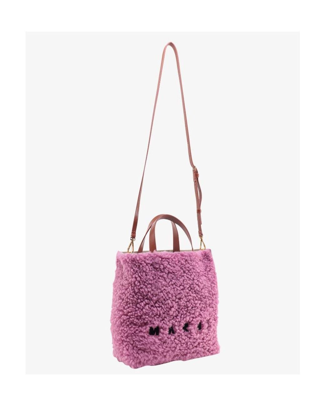 Marni Pink Museo Logo Embroidered Shearling Tote Bag