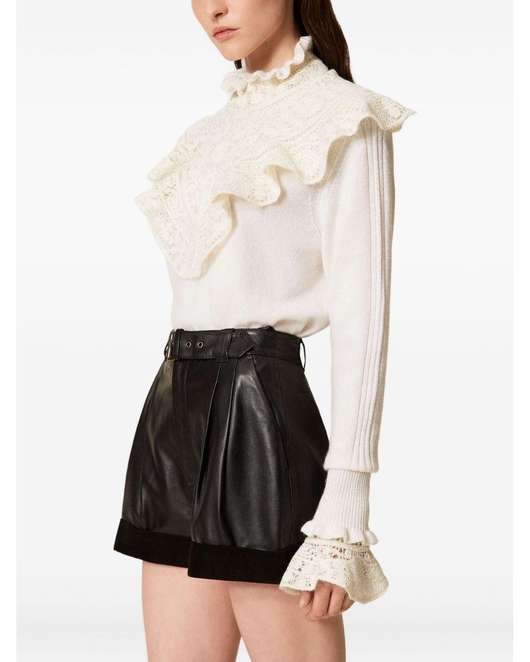 Twinset White Lace-Trimmed Ruffled Jumper