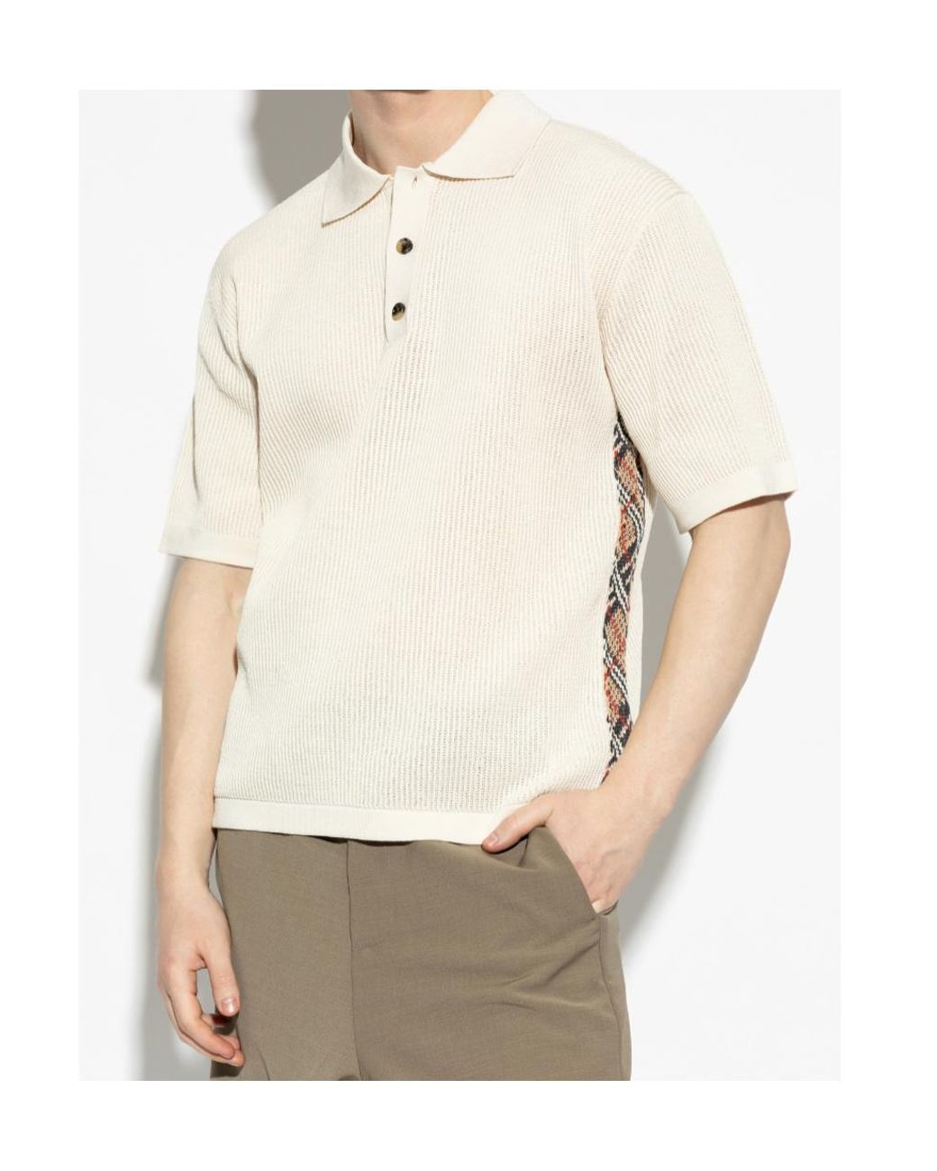 Burberry White Checked Ribbed Short Sleeve Polo Shirt for men