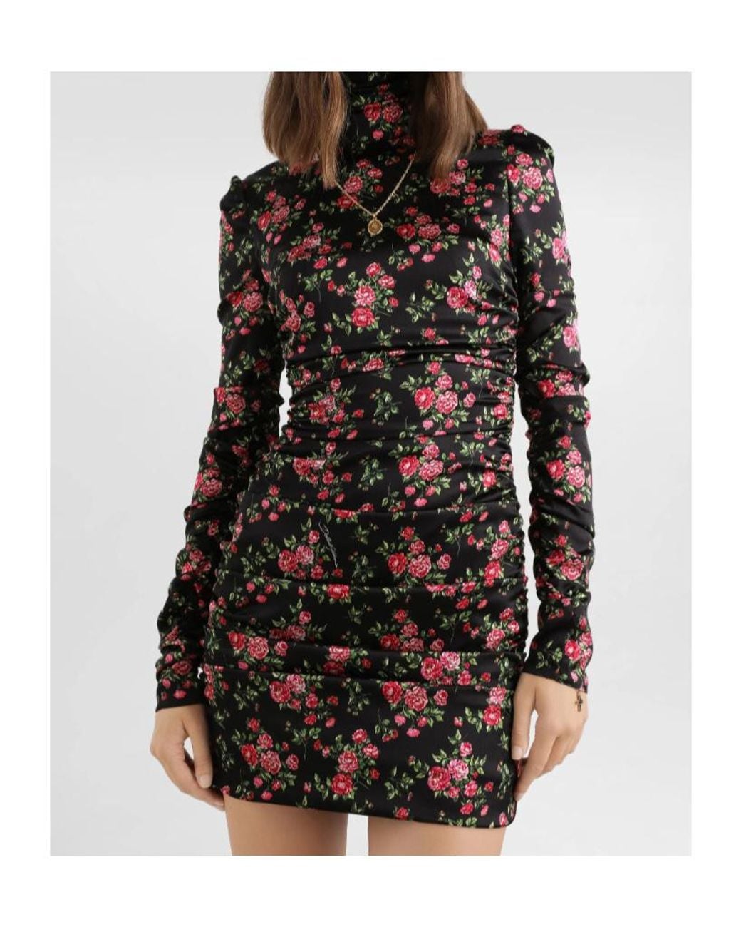 Dolce & Gabbana Black Small Rose Bouquets-Printed Mini Satin Dress