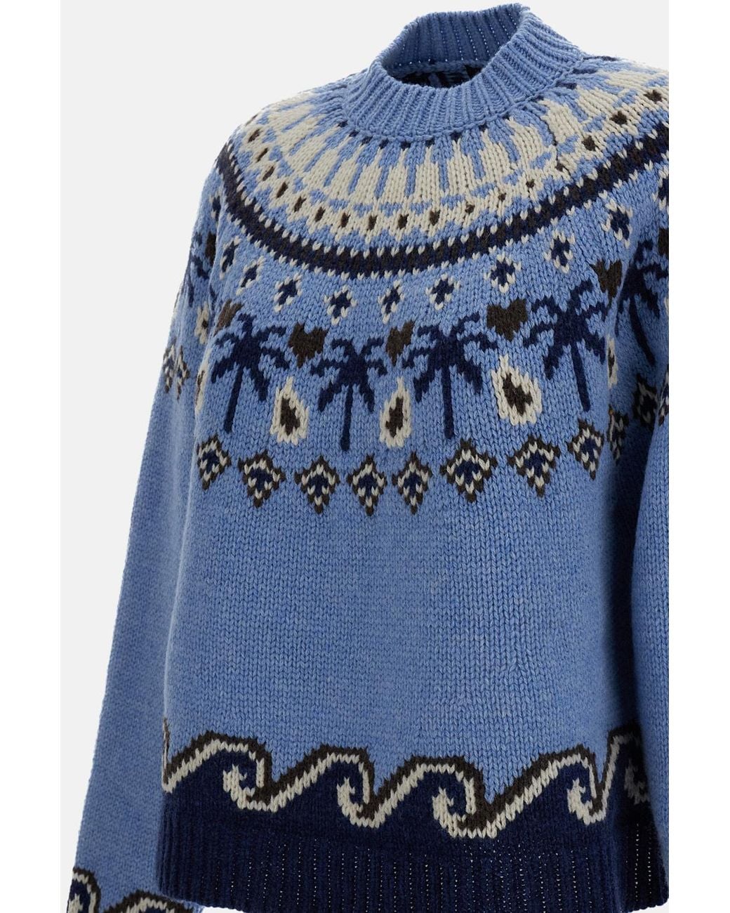 Alanui Blue Sweet Winter Palm Tree Scenic Knit Sweater