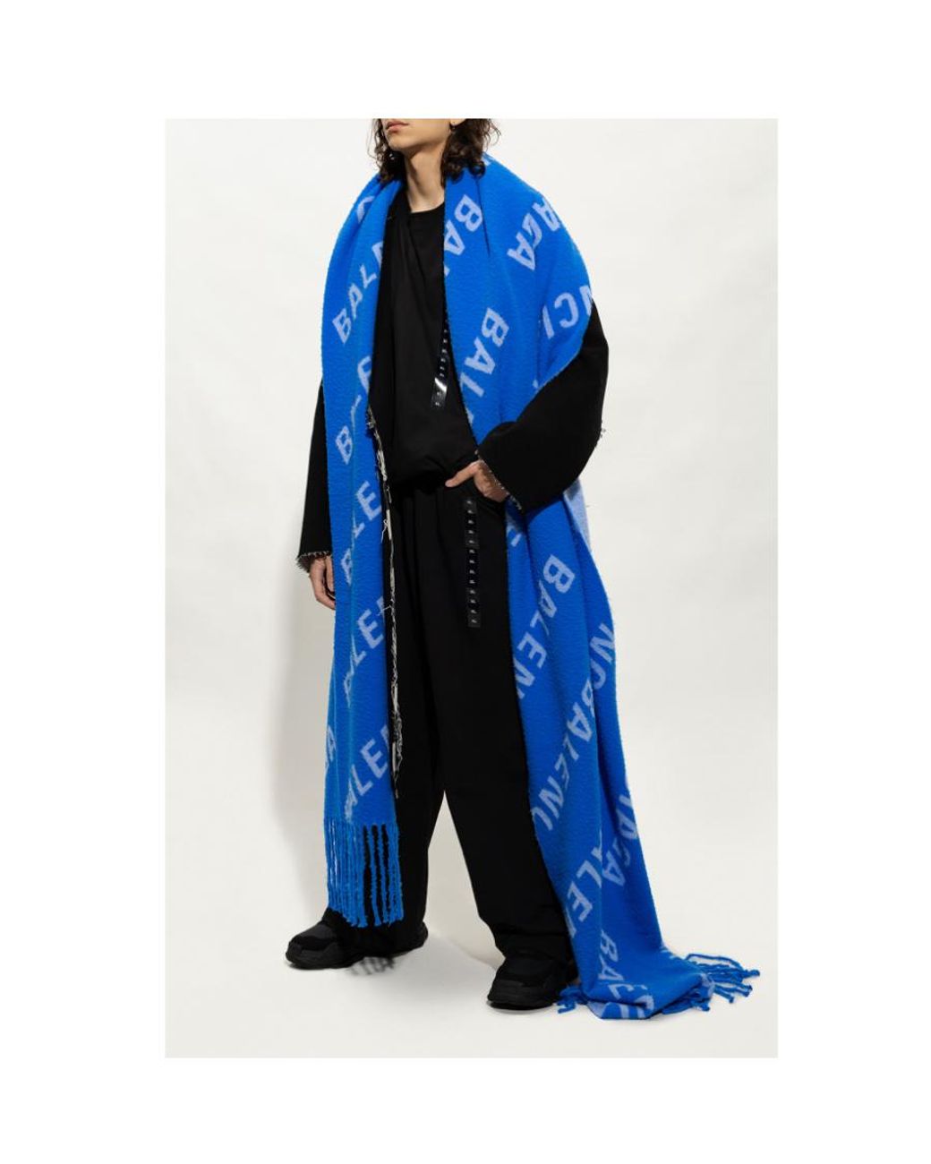 Balenciaga Blue All-Over Logo Embroidered Scarf for men