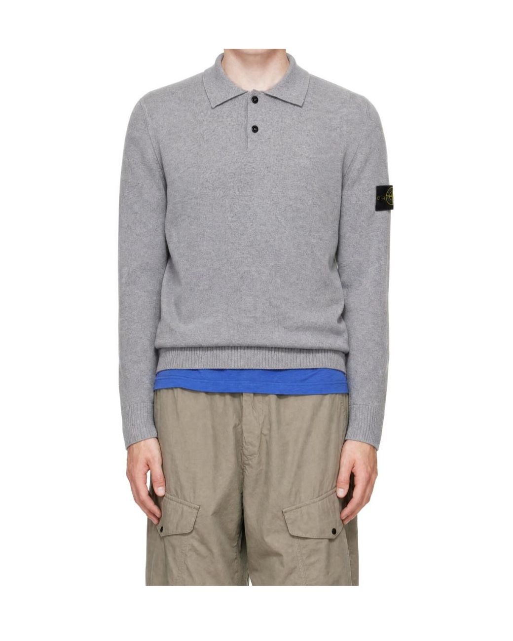 Stone Island Gray Logo Patch Knitted Polo Shirt for men