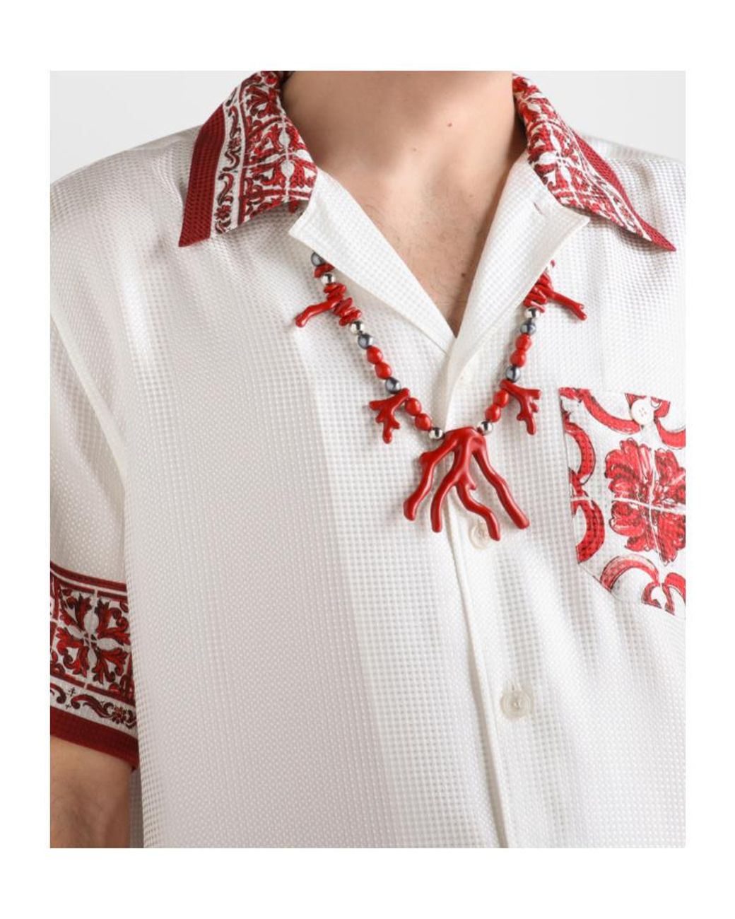 Dolce & Gabbana White Majolica-Printed Jacquard Hawaii Shirt for men