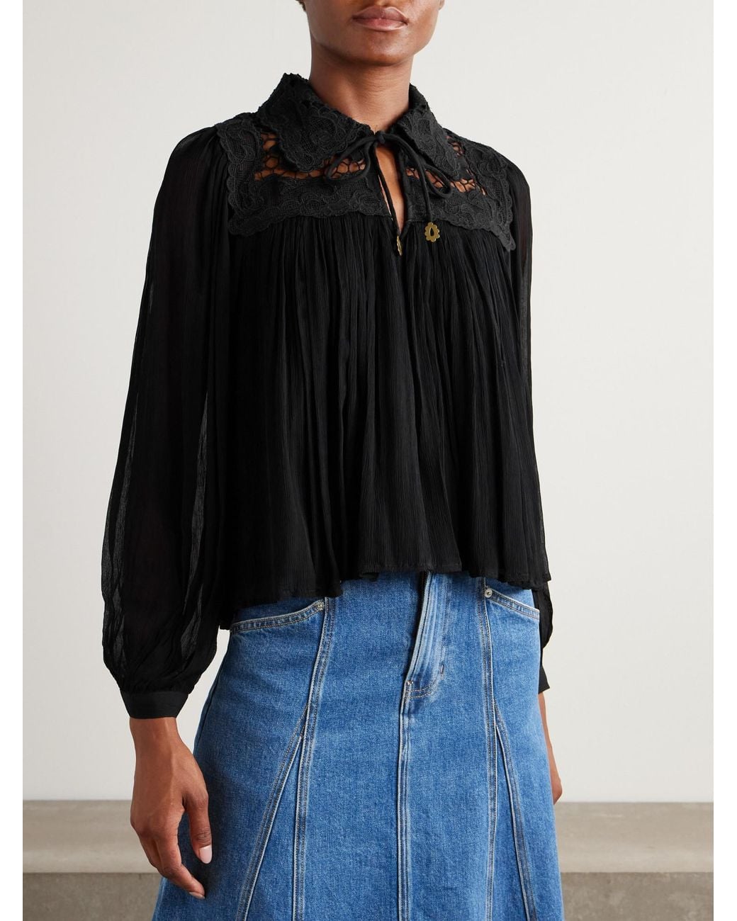 Sea Black Lace-Trimmed Crinkled Crepon Blouse