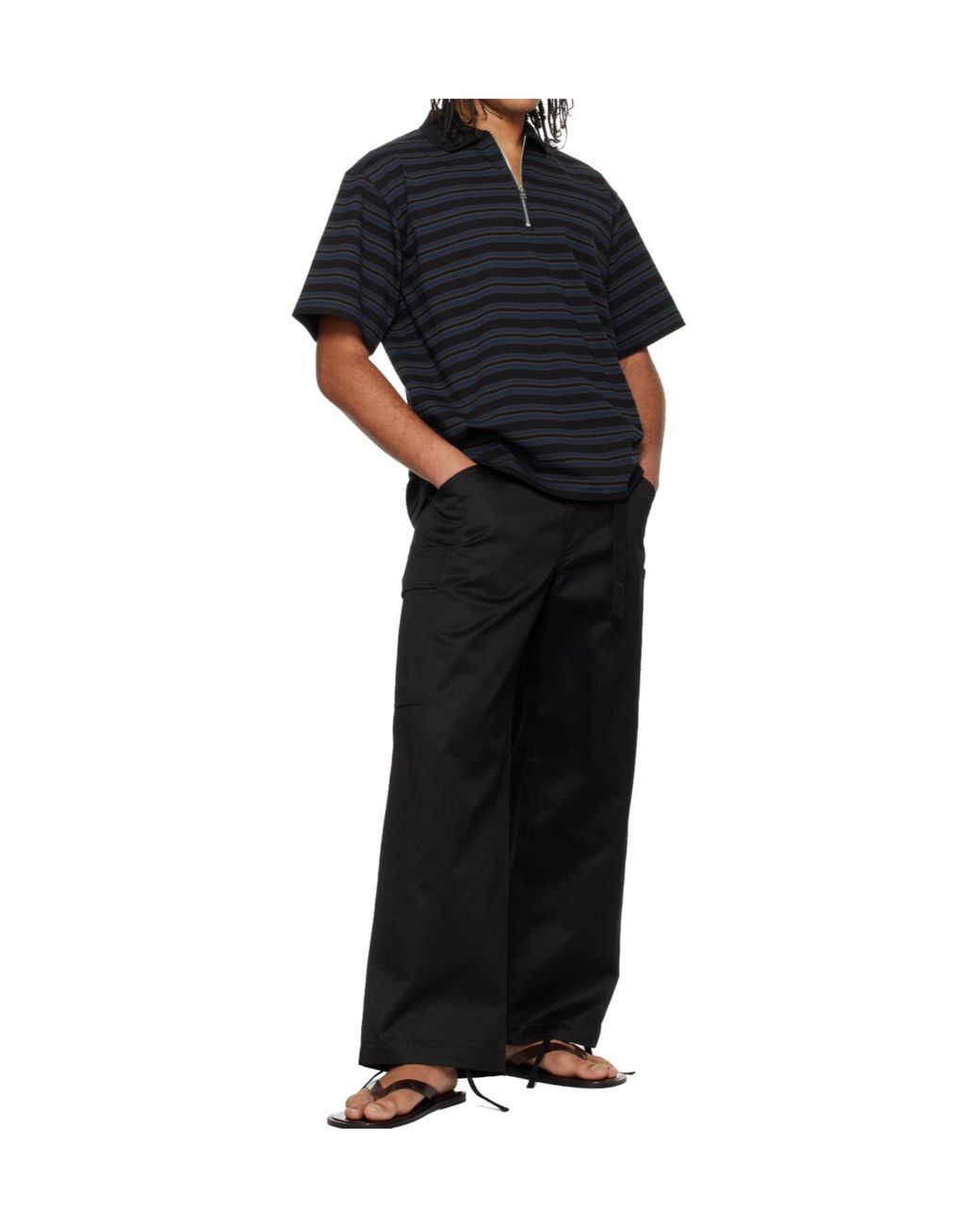 Sacai Black Striped Half-Zip Polo Shirt for men