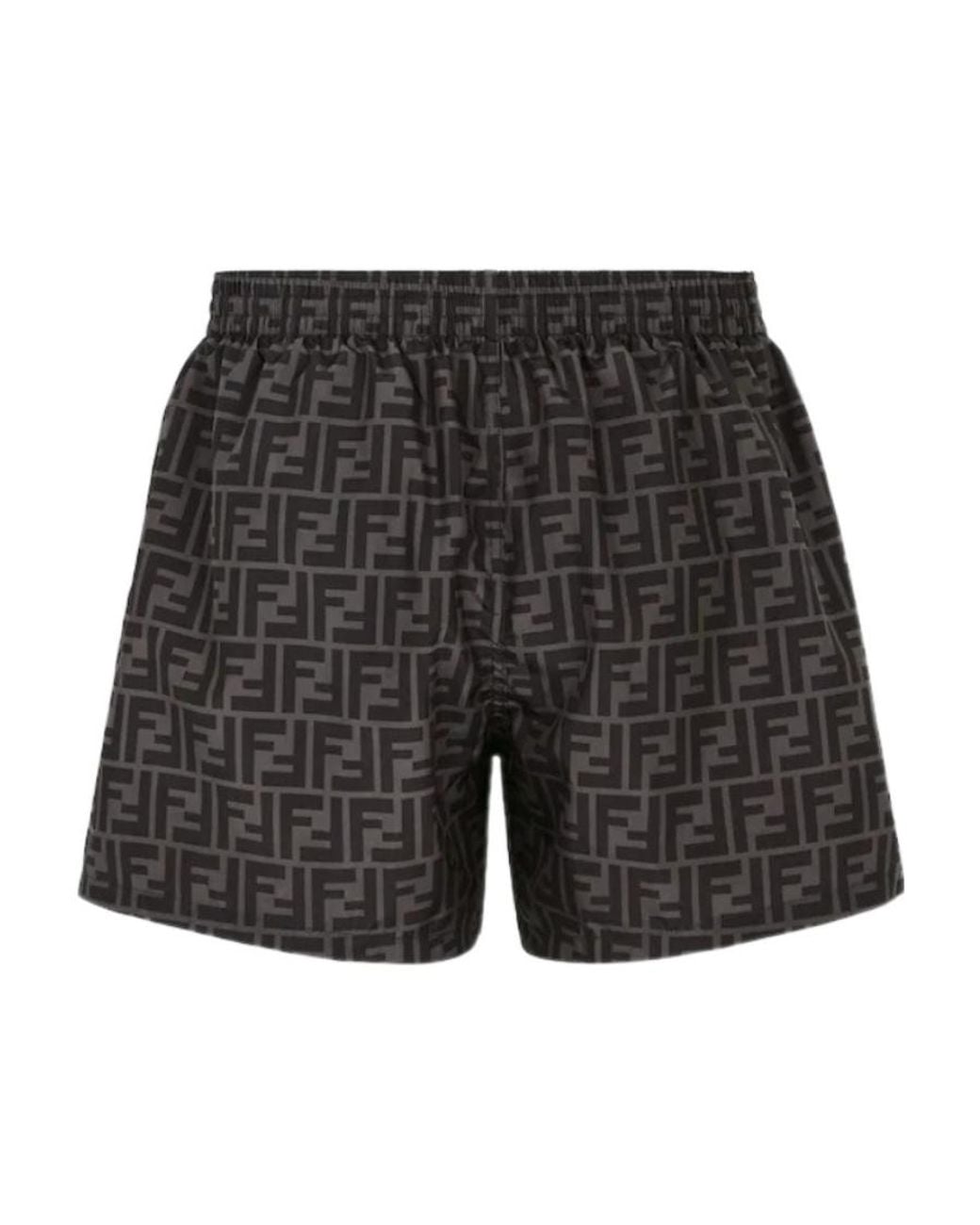 Fendi Gray Logo Detailed Drawstring Swim Shorts for men