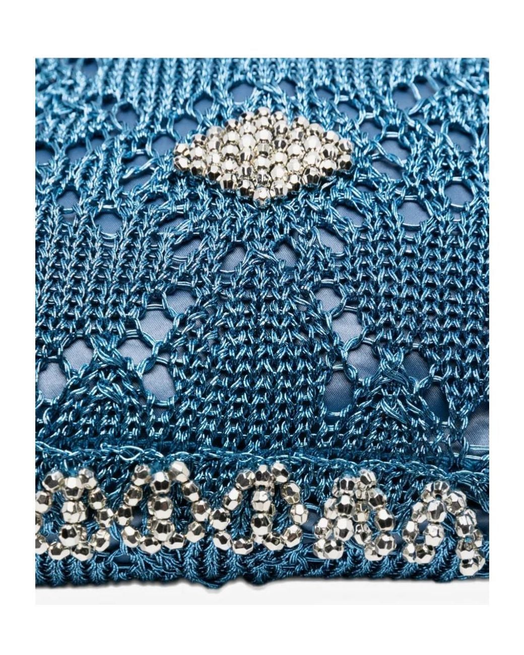 Rabanne Blue Top Handle Beaded Crochet Tote Bag