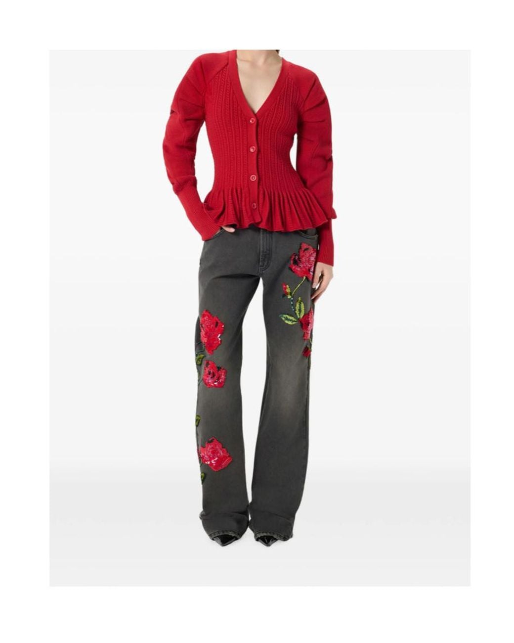 Blumarine Red Wide-Leg Jeans With Sequin Embroidery